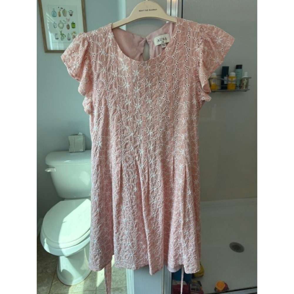Aura Pink Floral Eyelet Dress Size M Flutter Sleeve Tie Waist Lined Mini